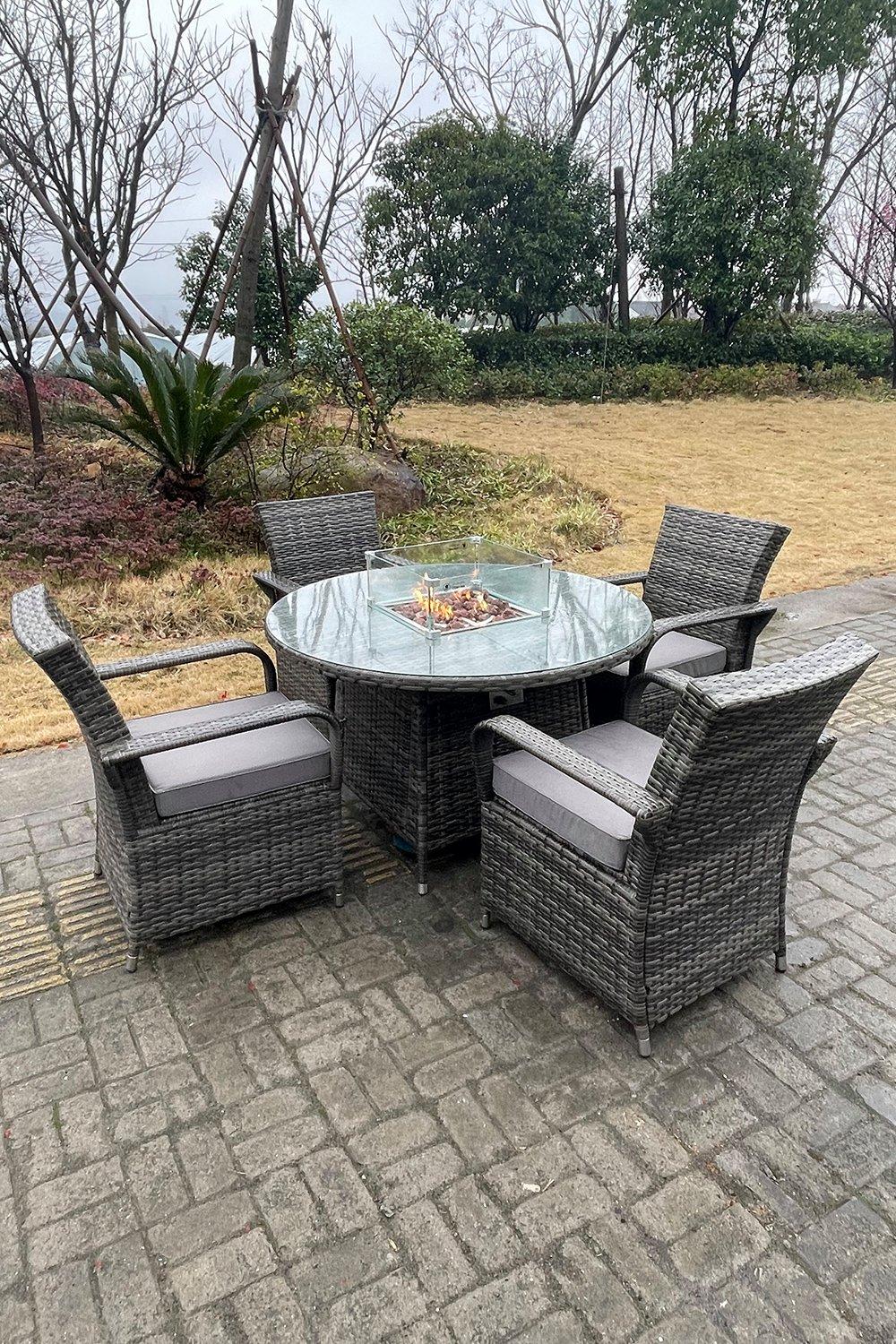 PE Rattan Gas Fire Pit Round Dining Table Gas Heater Dining Table And Chair Set 4 Seater